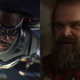 Anthony Mackie in costume as Captain America; David Harbour in costume as Red Guardian.